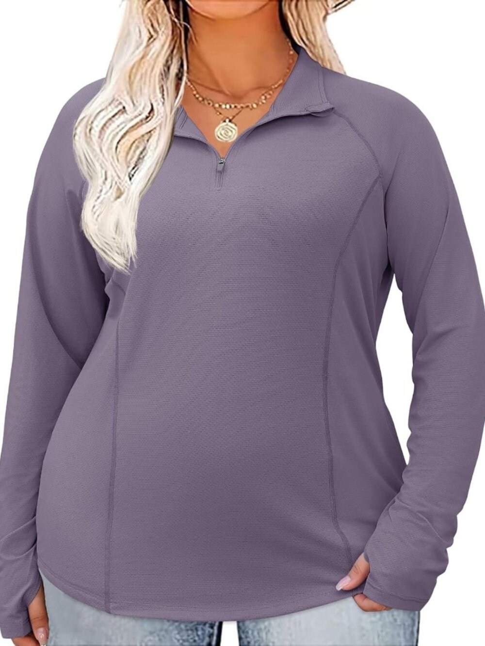 Plus Size Women's Long Sleeve Workout Top - 1/4 Zip, UV Protection, Quick Dry